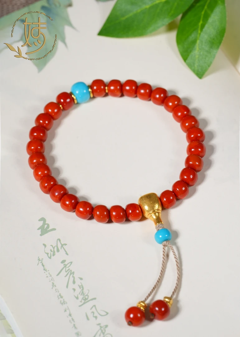 【婧婧精选】臻品 · 18K金南红DIY绿松老型金手持 南红6.5mm+