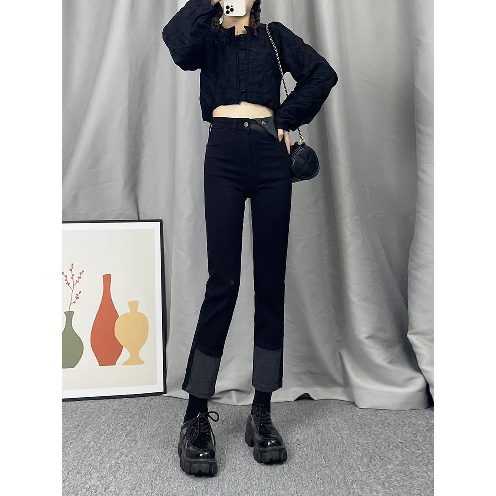 杜拉妮高腰直筒牛仔裤女秋冬2025年新款显瘦设计感黑色九分加绒烟