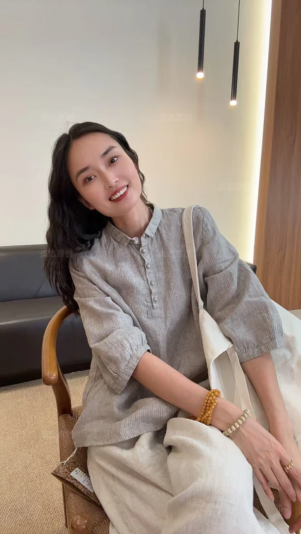 30557-宽松时尚色织亚麻衬衫领防晒衬衫夏季春夏休闲