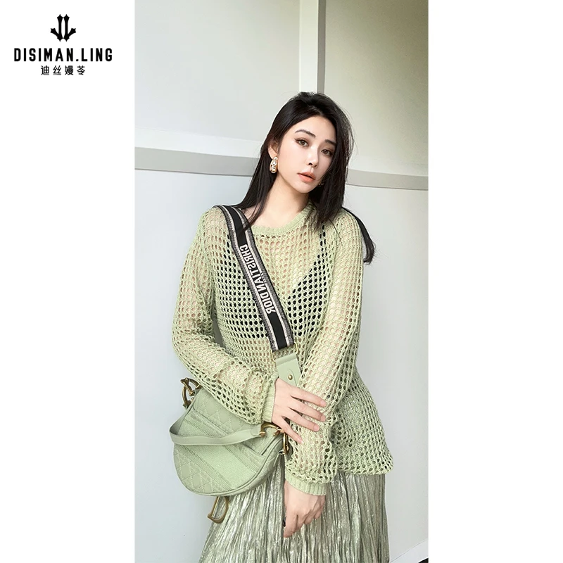 【迪丝嫚苓】秋香绿晴纶上衣镂空针织衫长袖宽松不规则氛围轻奢时尚