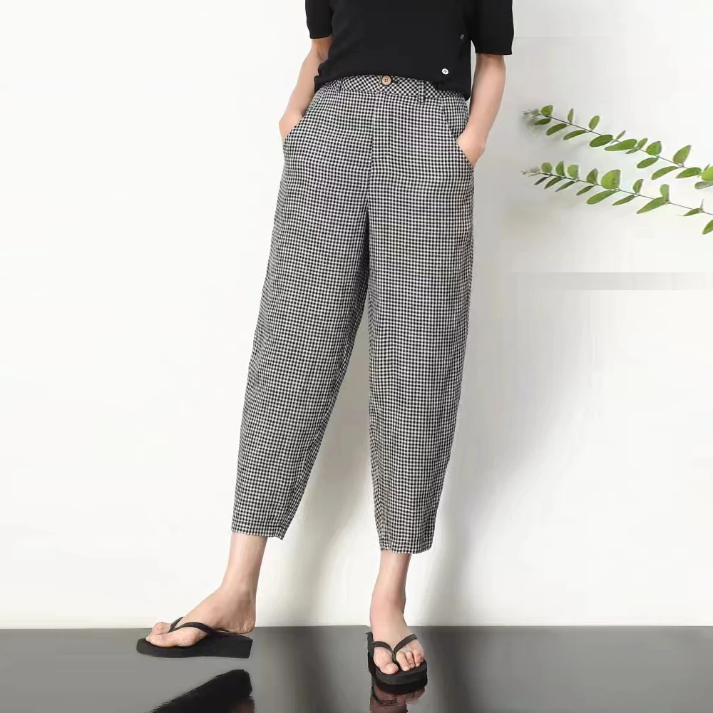 格子九分裤女2025夏季新款韩版高腰宽松小个子垂感哈伦阔腿休闲裤