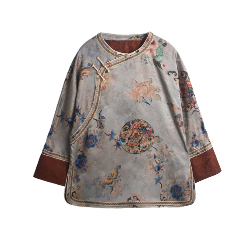 25姆米满分桑蚕丝重锻香云纱宝相花柿柿如意圆领斜襟衬衣252158