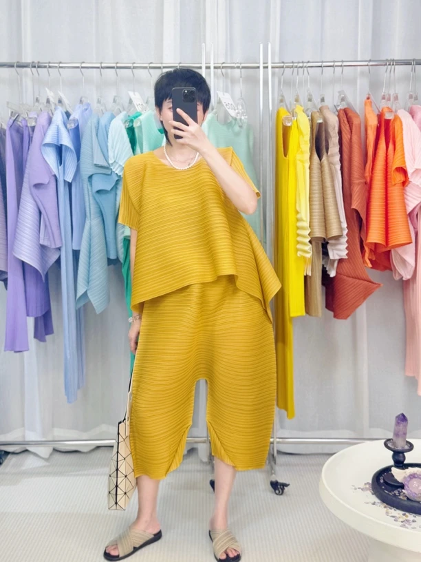 【夏三锦】褶皱套装夏季新款简约大摆短袖上衣百搭显瘦哈伦裤套装