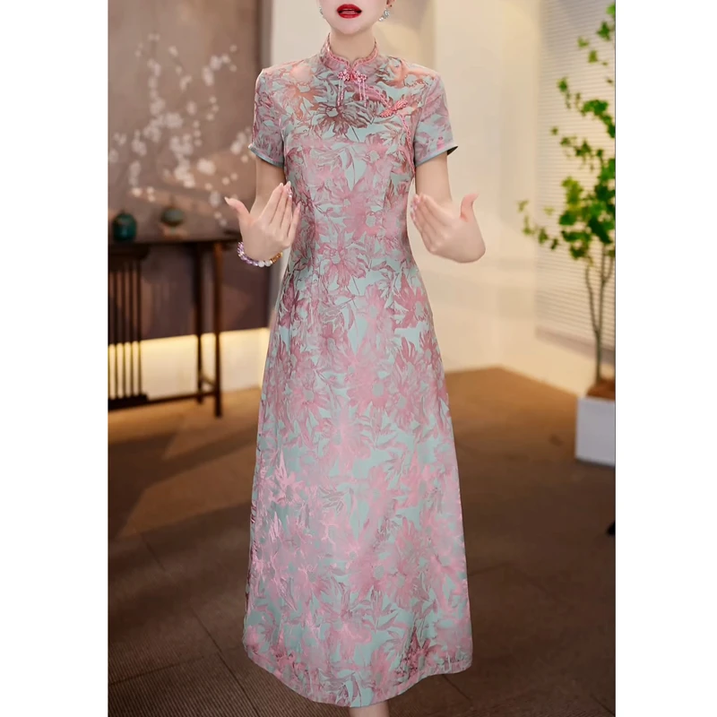 中年妈妈夏装气质优雅连衣裙时尚贵夫人夏季端庄改良国风旗袍裙子