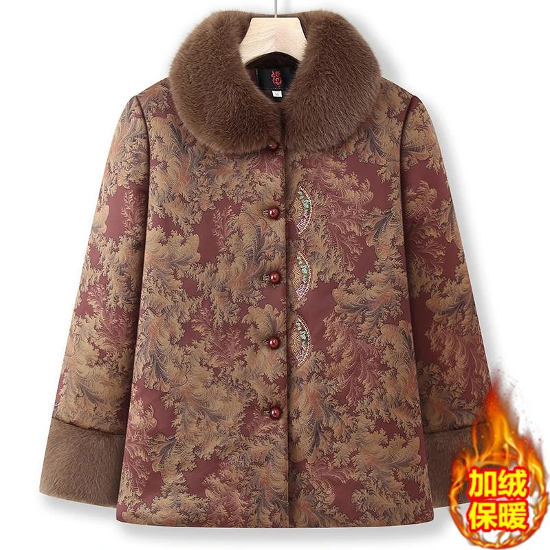 妈妈装冬款棉袄加绒加厚外套奶奶立领唐装棉衣翻领棉服
