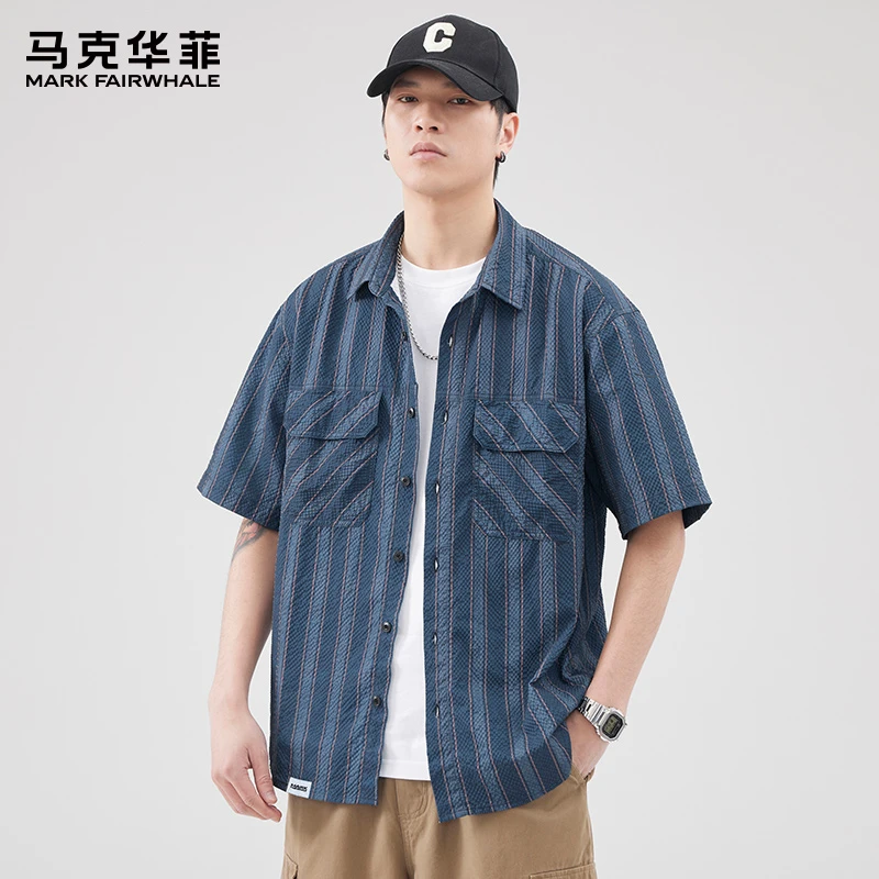 马克华菲夏季薄款美式条纹短袖衬衫男士2025新款潮牌宽松休闲上衣