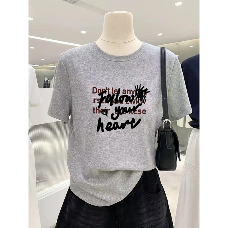 2025夏季新款时尚百搭圆领灰色字母印花设计感短袖女装洋气上衣潮