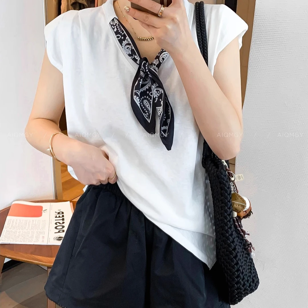 配丝巾飞飞袖T恤女2025年夏季新款宽松显瘦纯色上衣简约时尚百搭