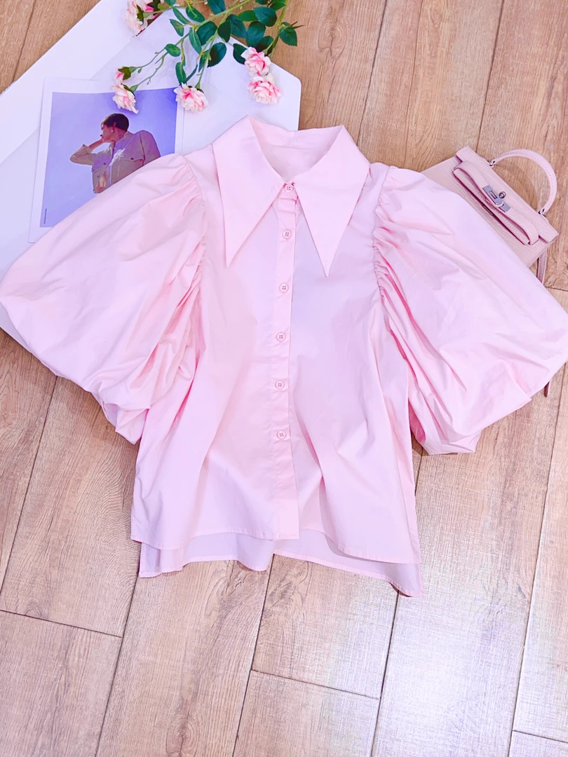 琳心丨春季新款粉色休闲百搭短款泡泡袖衬衫 5206