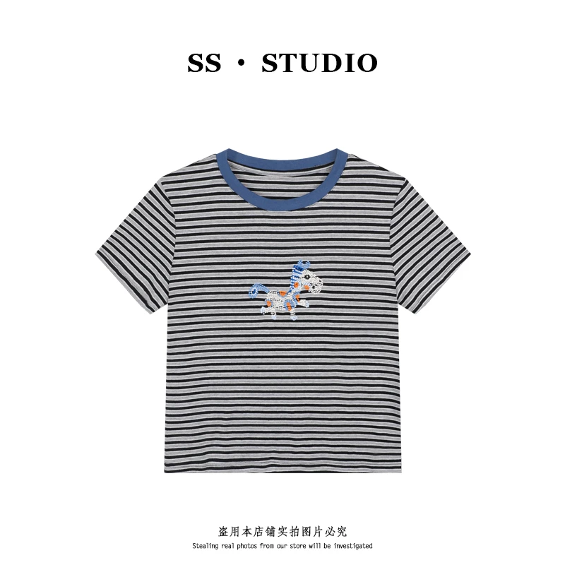 【SUSU】夏季条纹撞色圆领短袖T恤休闲百搭重工刺绣上衣SS-5253