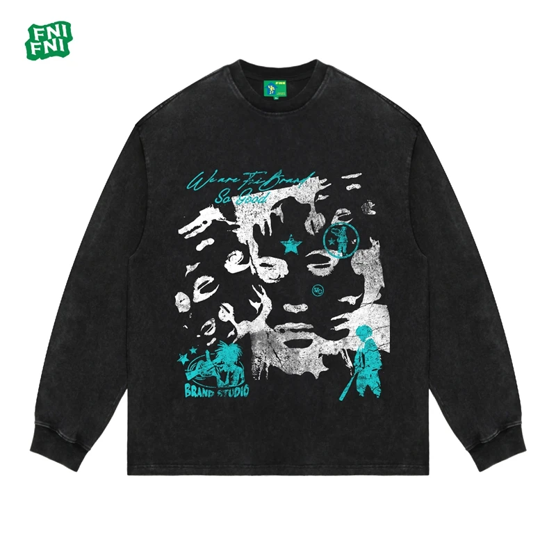 FNI国潮重磅纯棉（多重人脸）男女同款t恤美式复古圆领长袖新款直喷