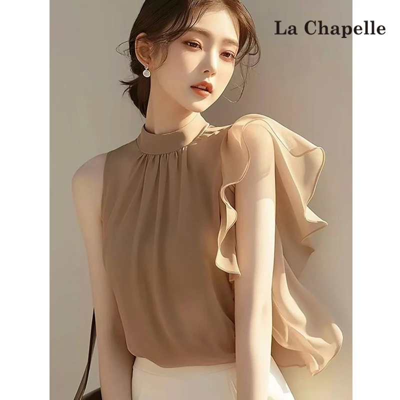 拉夏贝尔杏色雪纺衬衫女2025法式高级感气质独特别致漂亮小衫上衣