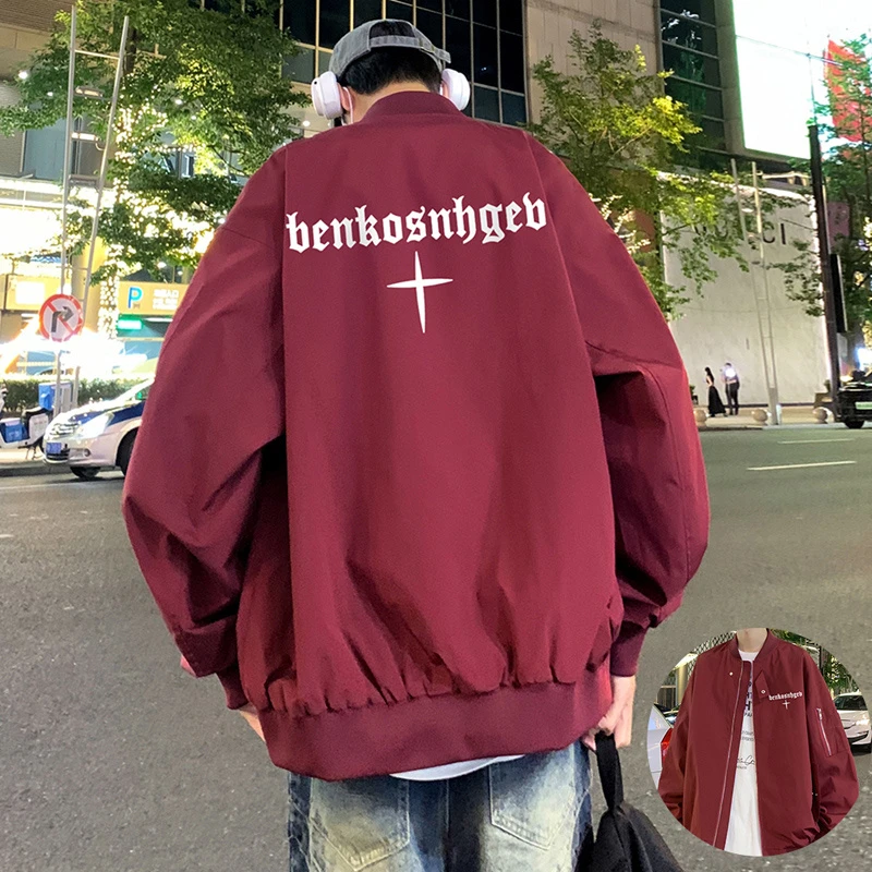 酒红色美式休闲夹克外套男春秋新款潮流宽松百搭加肥加大码棒球服