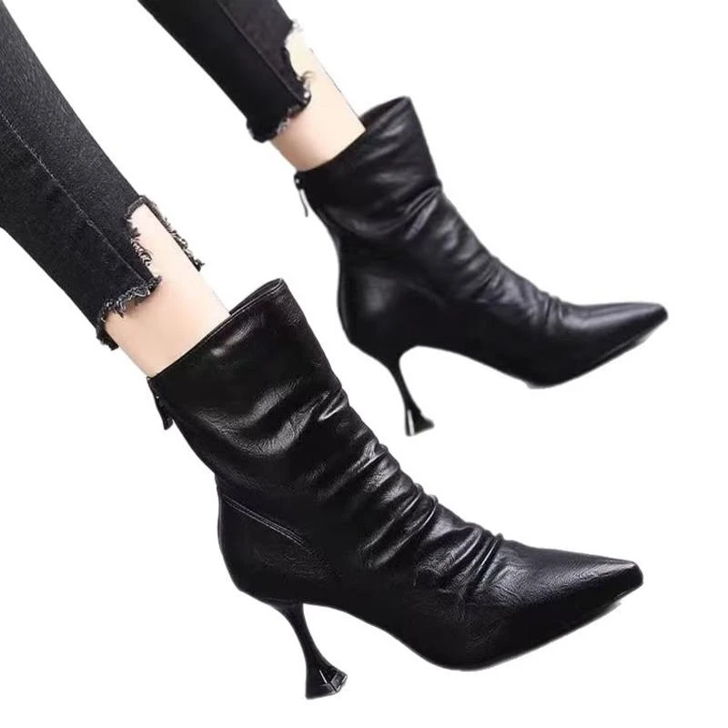 法式炸街小短靴气质新高跟鞋女秋冬季褶皱堆堆靴细跟薄绒洋气靴子