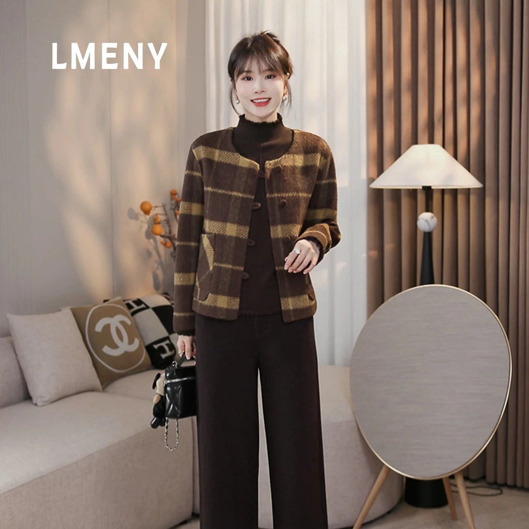 LMENY“英伦假日”暖调复古～撞色格子短款圆领绵羊毛大衣25DW015