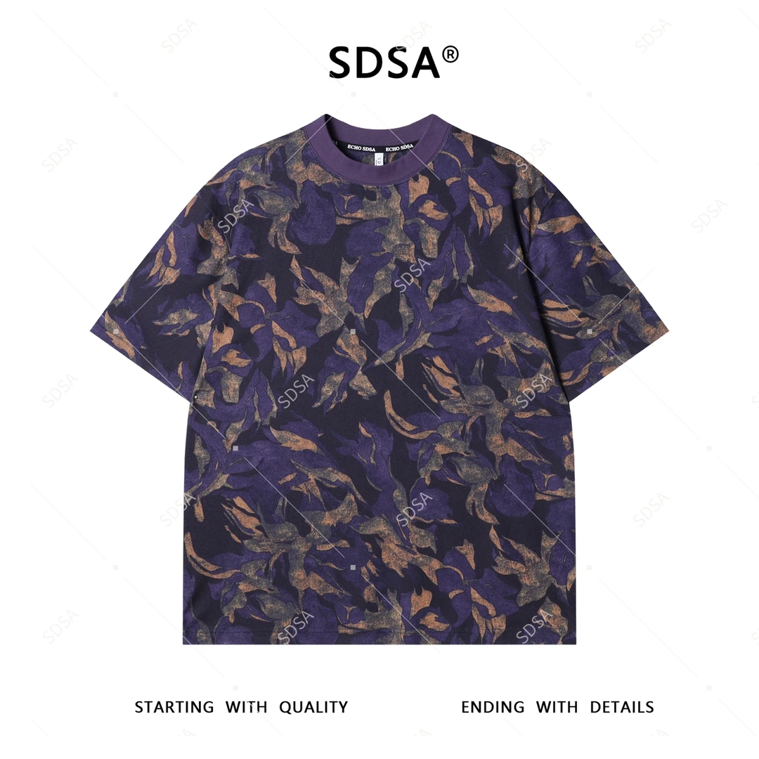 夏季高级感新款美式潮牌撞色印花设计短袖T恤复古显瘦圆领上衣