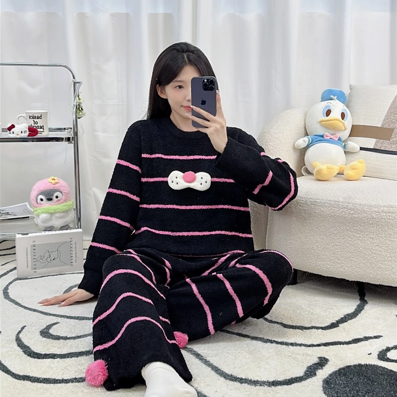 2025新款半边绒睡衣女秋冬季加绒加厚黑色条纹少女家居服套装