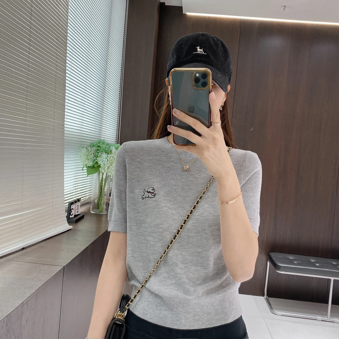 IMFLY金小金自制女装 绵羊毛衫DYW8802欧若风春装小狗刺绣短袖衫