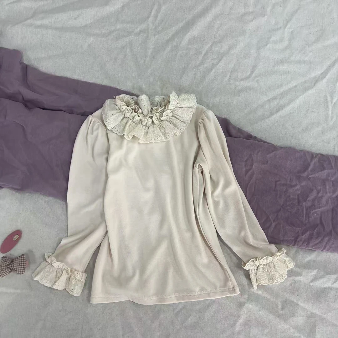 〖姐姐家〗2025春款儿童萌娃穿搭重工蕾丝翻领打底 bt097