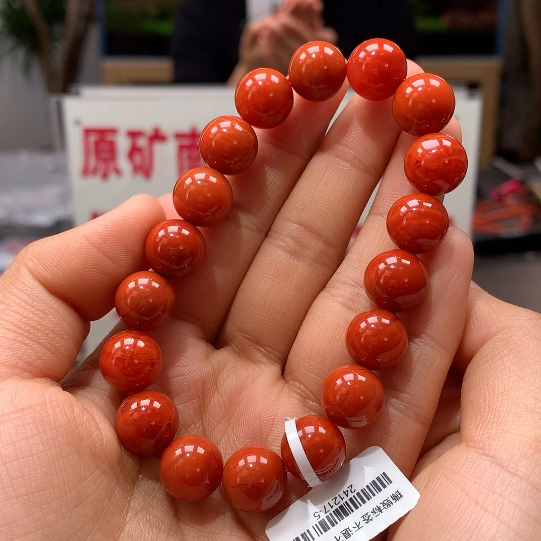 南红玛瑙11mm九口火焰纹柿子红单圈手串未镶嵌