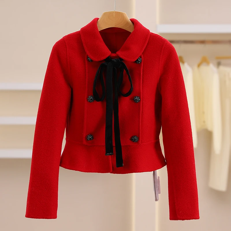 F7715-【桌】双排扣纯色短款双面呢外套#ZZW38B001