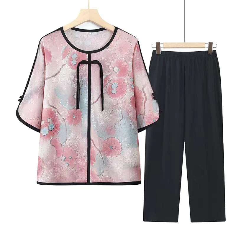 9516-【上衣+裤子】夏季新款新中式国风中袖气质妈妈装套装（A仓）