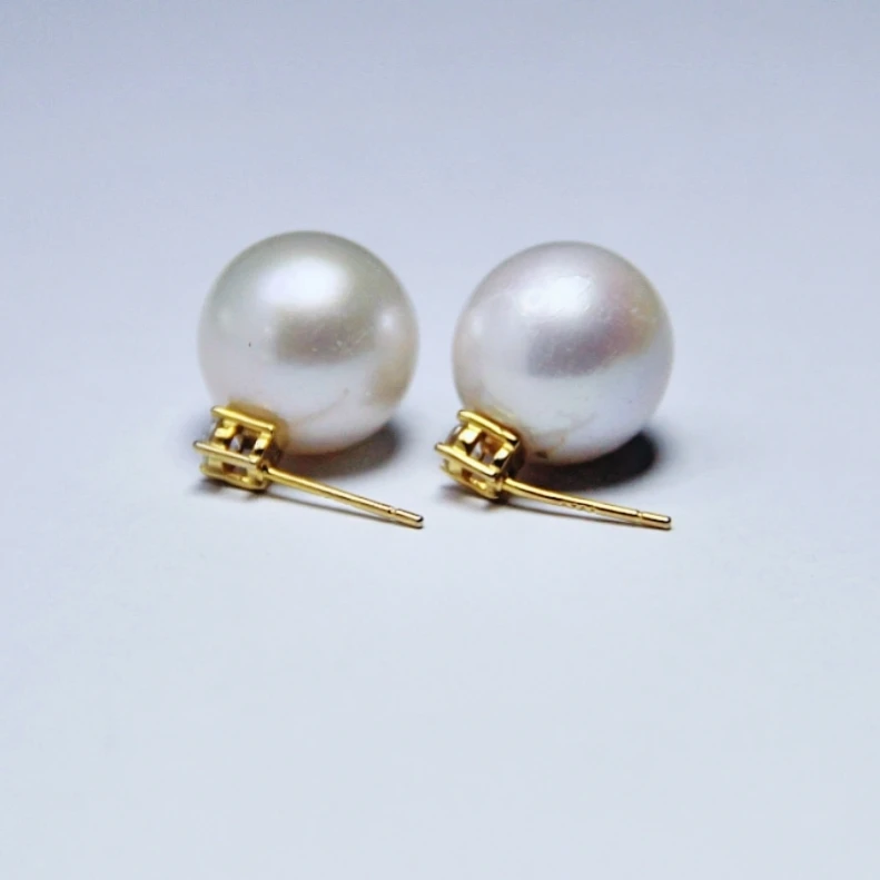 14mm珍珠时尚耳钉白色正圆银925淡水经典王妃款爱迪生