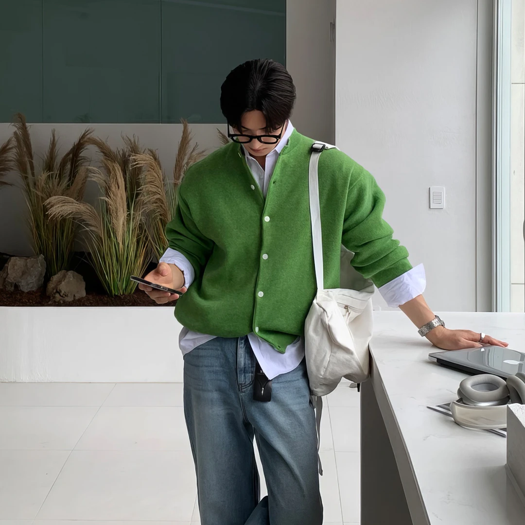 圆领针织开衫早春韩系穿搭男高级感休闲毛线衣简约慵懒风毛衣外套