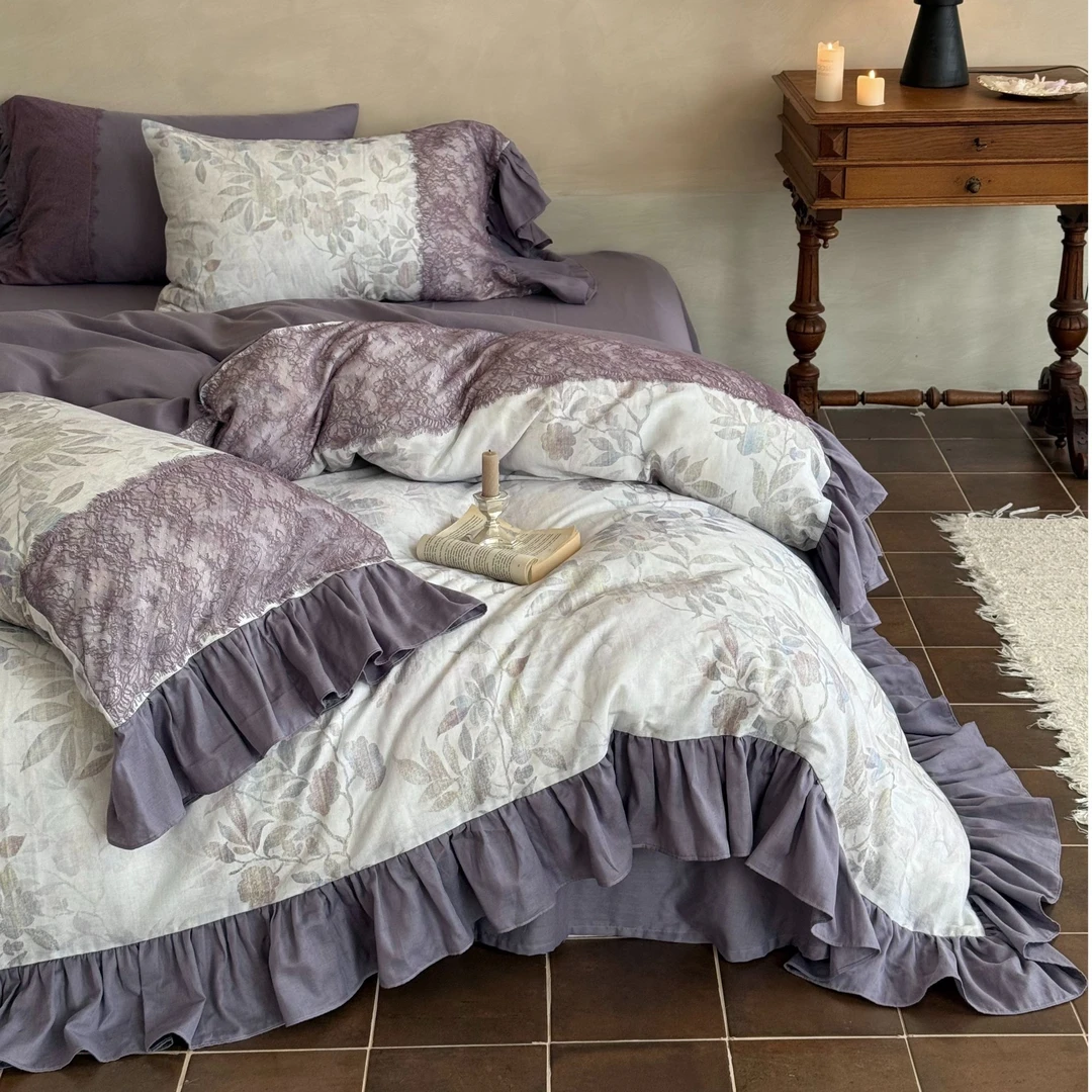 十七【紫鸢的春天】法式设计师款复古大花边全棉双层纱四季款四件套