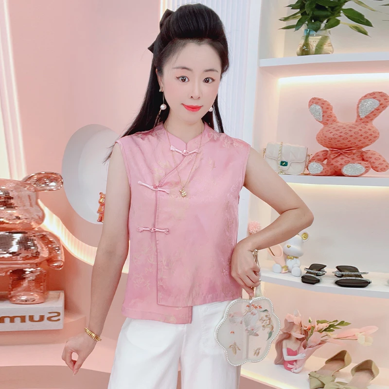 慵懒风国风时尚衬衫女2025年夏季新款设计感小众短袖立领提花上衣