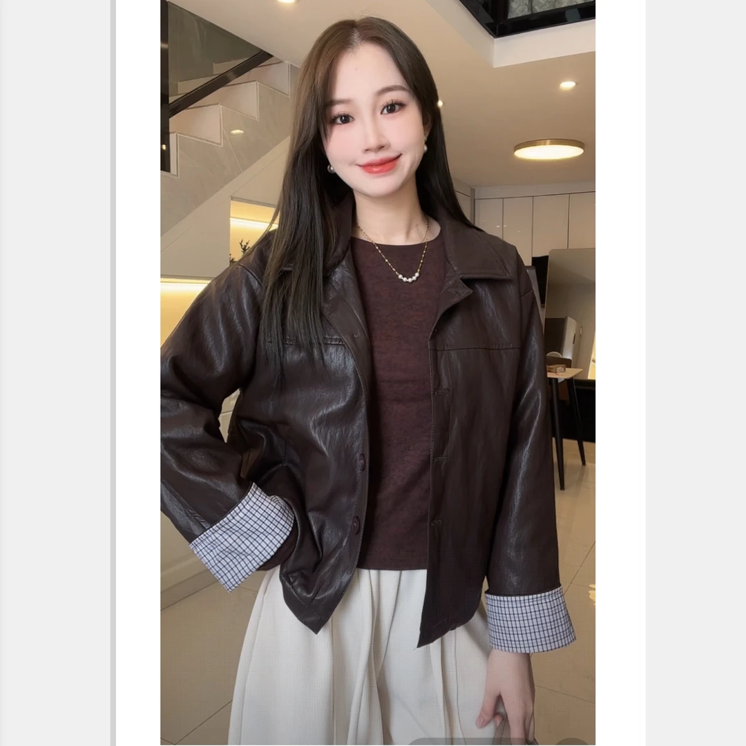 2025超火韩系休闲翻领小皮衣女秋季独特超好看高端皮夹克短款外套