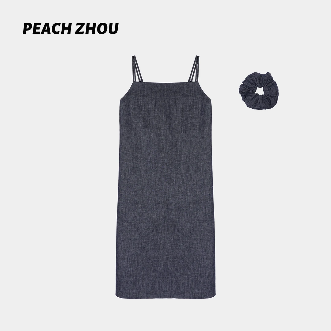 『PEACHZHOU』莱赛尔棉麻凉感丹宁露背宽松背心裙休闲发圈连衣裙女