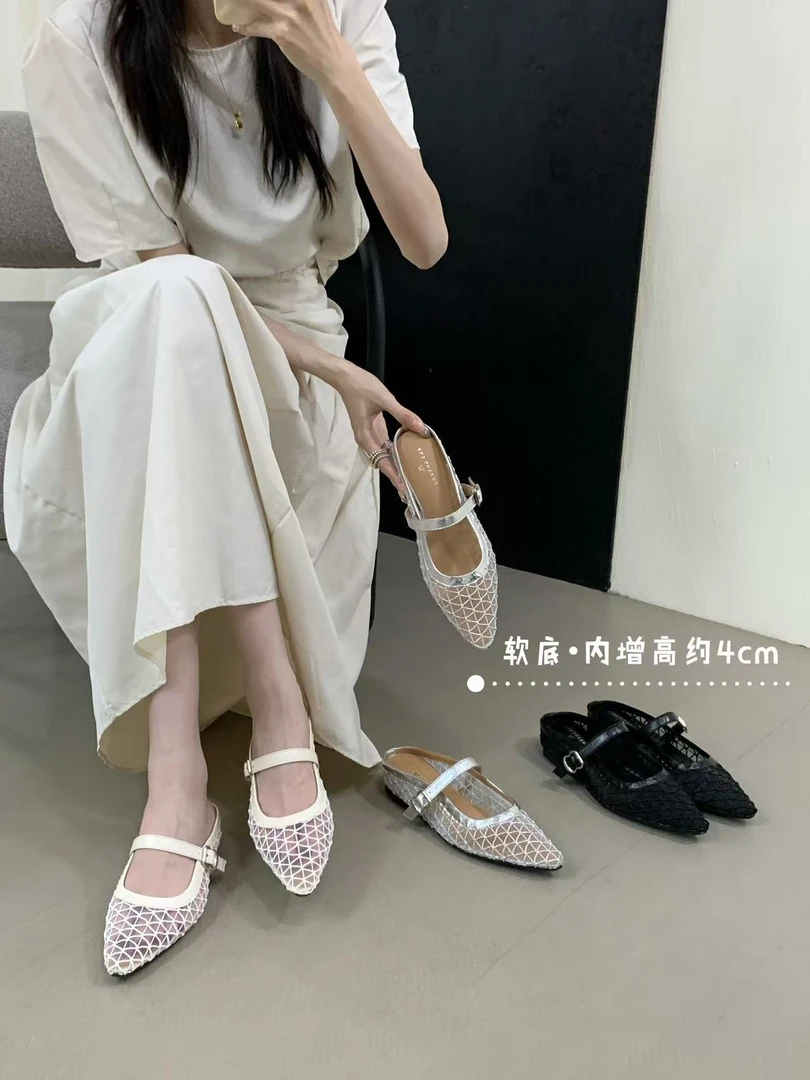 56-2夏季时尚法式外穿拖鞋2025蕾丝芭蕾舞鞋凉鞋一字带仙女风尖头