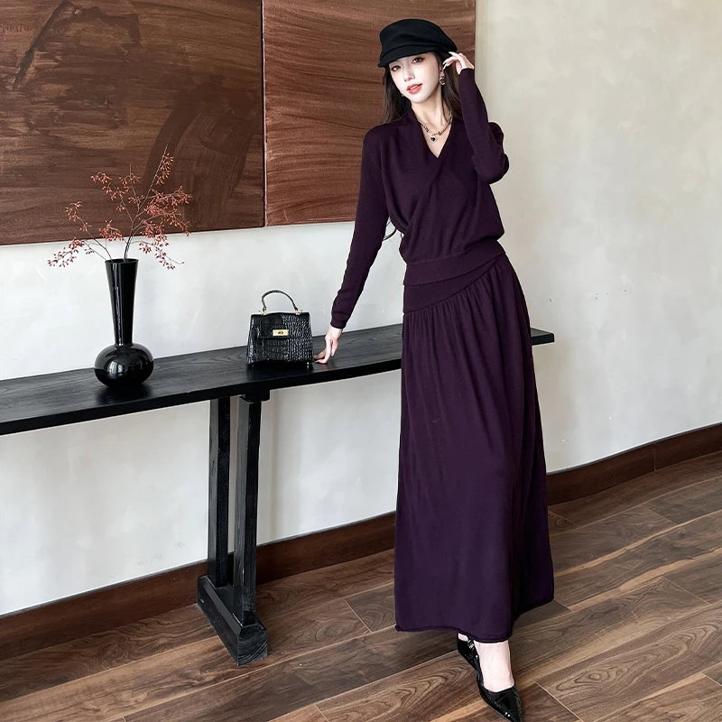 法式松弛感羊毛混纺v领交叉针织上衣+高腰半身裙时尚毛衣两件套秋