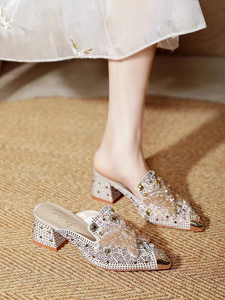 水钻时尚粗跟高跟包头尖头凉拖复古凉拖气质夏季韩版半拖