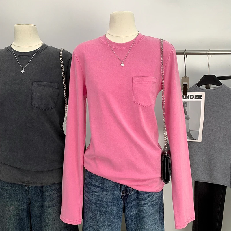 炒盐洗水工艺做旧口袋圆领T恤长袖2025春季新款宽松显瘦240499