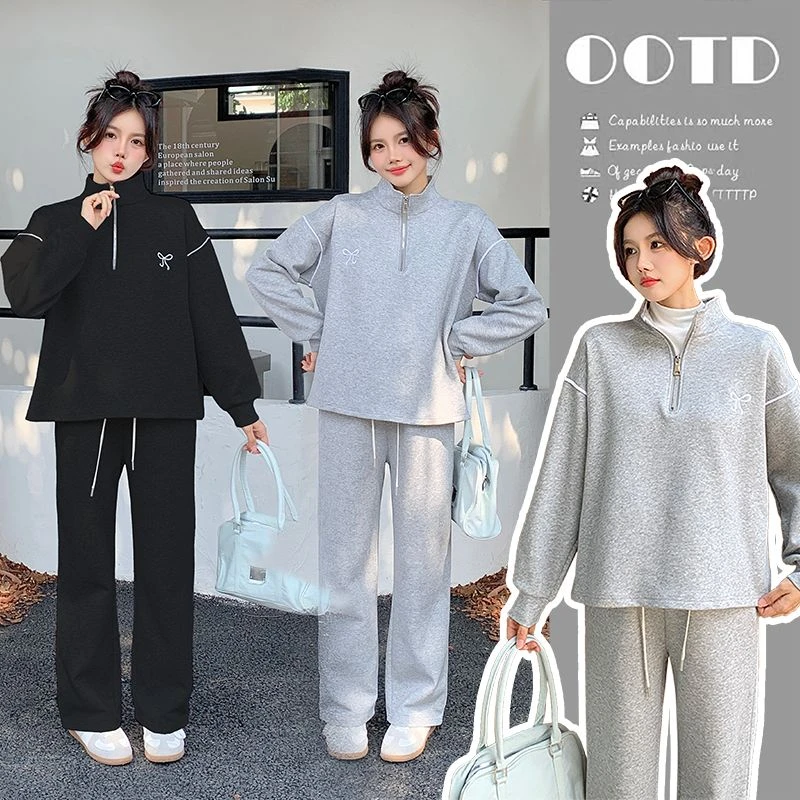 孕妇2025春季套装拉链刺绣棉质卫衣阔腿裤两件套宽松休闲春秋款