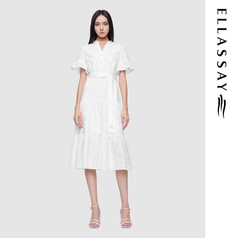 ELLASSAY歌力思2025夏季新款莱赛尔绣花收腰连衣裙女EWU361Y02000