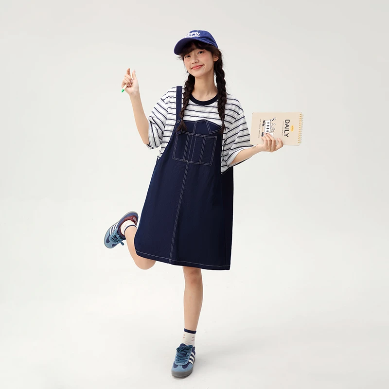 初中生女大童条纹拼接假两件背带裙宽松设计感连衣裙C25BL0263C