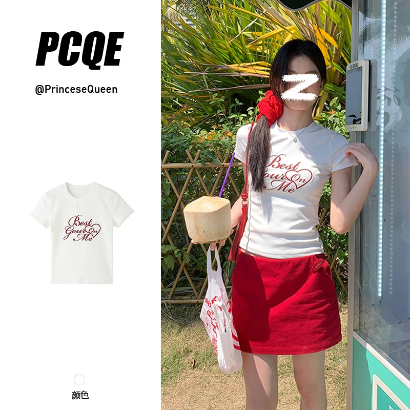 掐腰字母白色正肩短袖t恤女夏季2025新款修身百搭短款辣妹上衣服