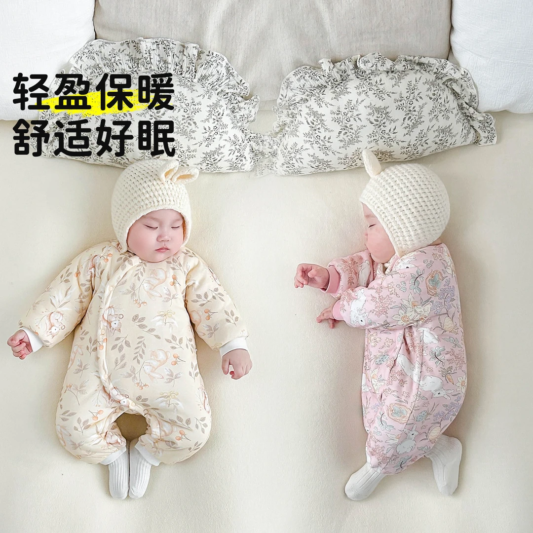 新生婴儿衣服冬装初生纯棉a类连体衣加厚夹棉女宝宝冬季外出棉服