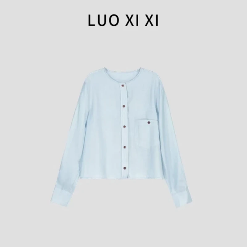 圆领气质长袖防晒醋酸亚麻天丝衬衫2025夏季短裤百搭小众衬衣