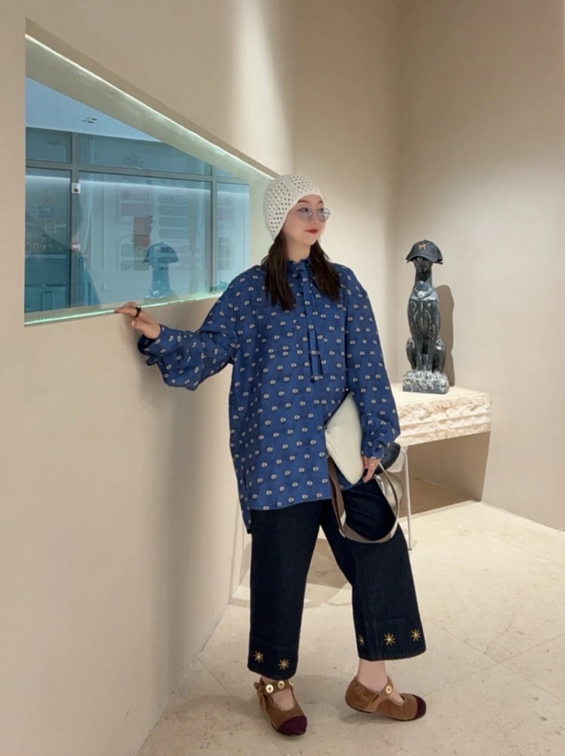 fafamoon蓝色大丽花印花真丝衬衣 WENDYZ