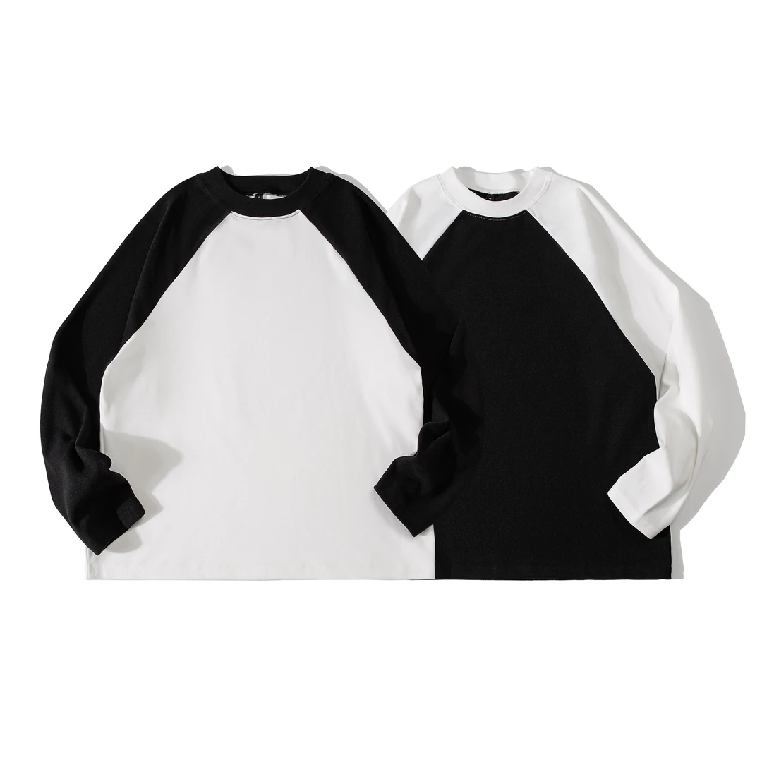 S123国潮复古撞色拼接T恤男秋冬休闲潮流个性宽松百搭情侣长袖