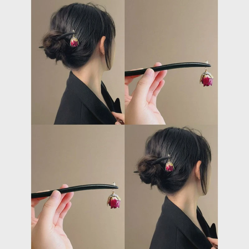 2025新款玫瑰配饰珍珠滴釉玫瑰发簪女国风簪子头饰复古温柔发杈
