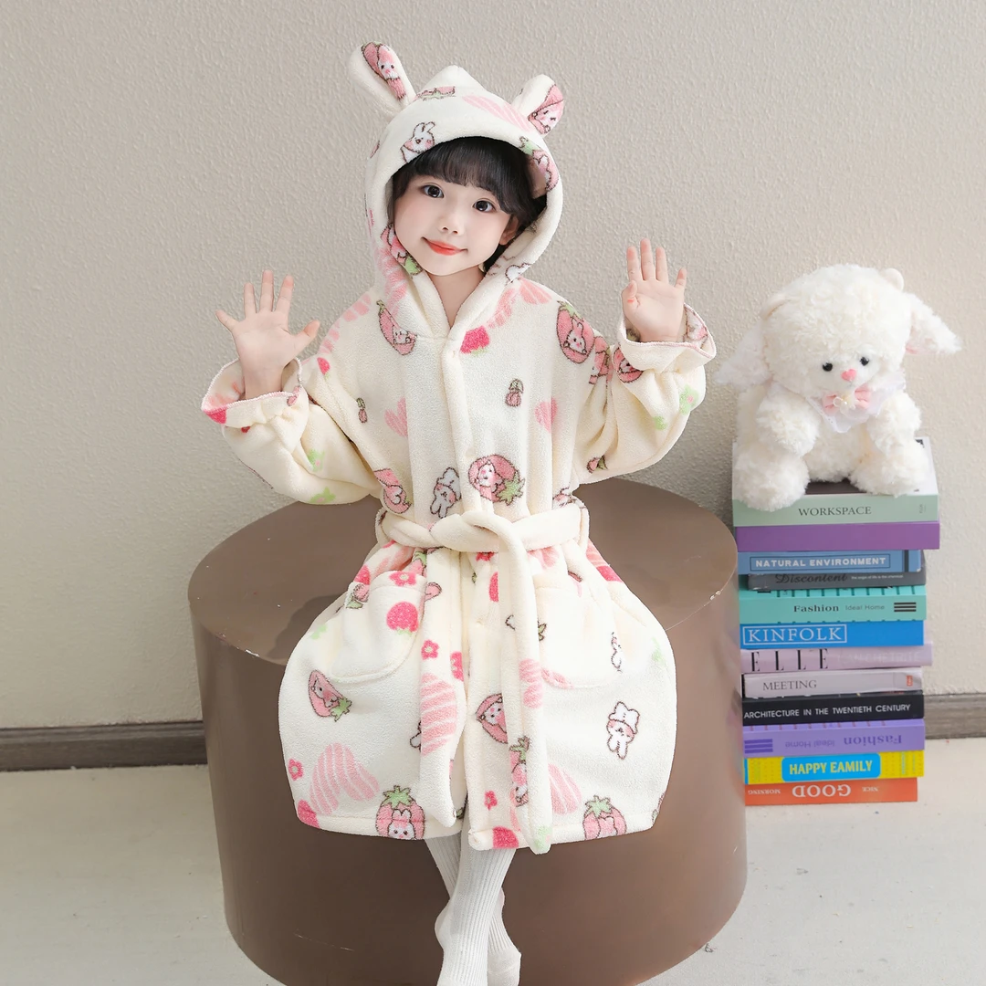 女童秋冬季睡袍珊瑚绒女宝宝连帽卡通排湿吸汗加厚浴袍婴儿居家