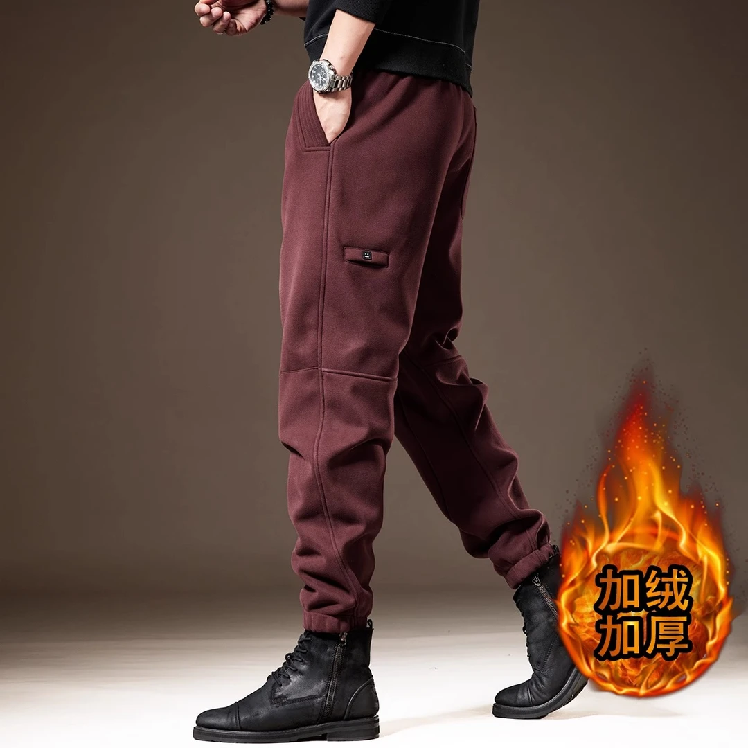 美式高端重磅摇粒绒加绒加厚卫裤男冬季潮牌束脚运动红色休闲裤子