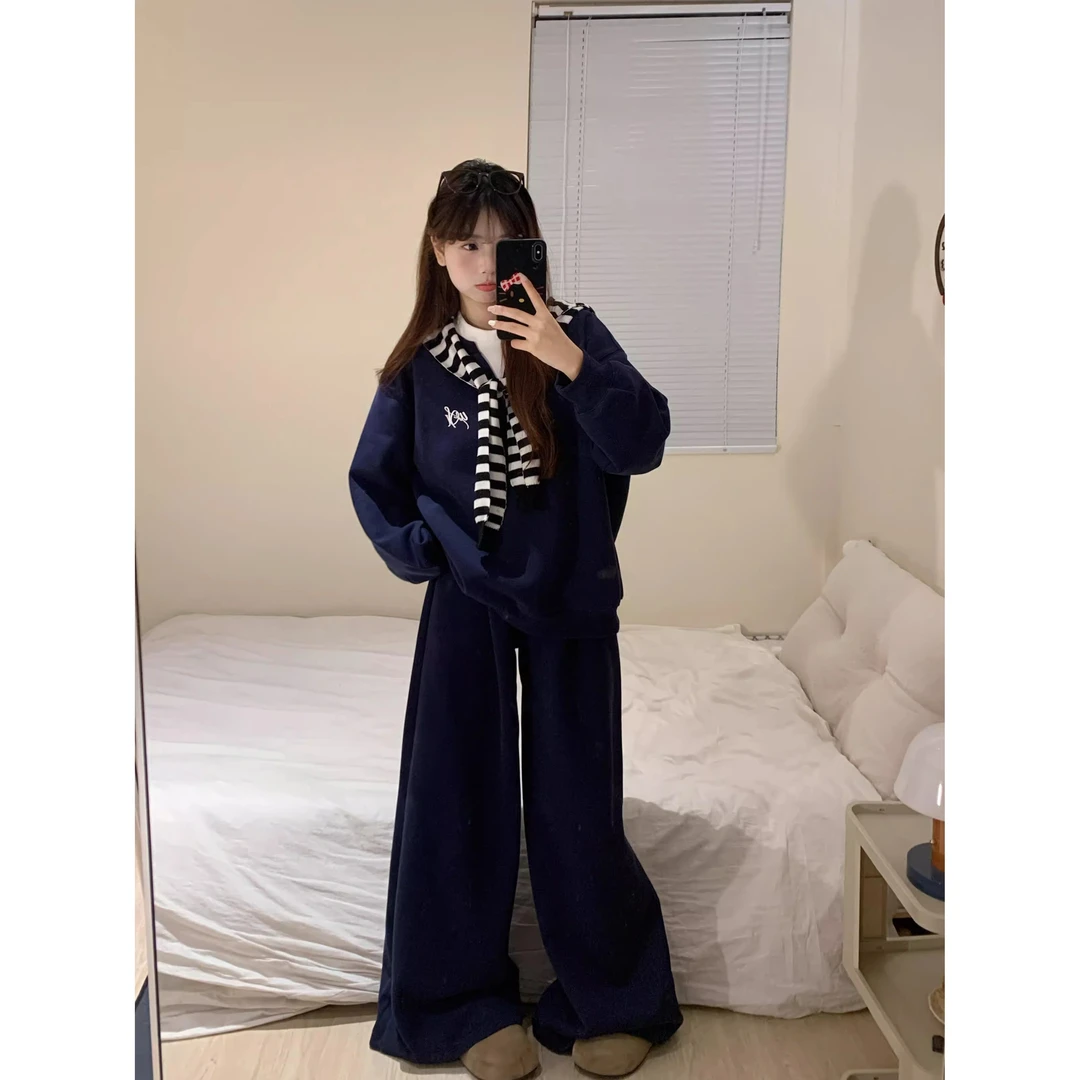 韩版慵懒藏青色假两件睡衣女春秋长袖长裤家居服卫衣时尚套装外穿