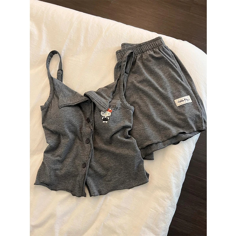 韩系休闲可爱Kitty睡衣女夏季爆款带胸垫吊带短裤可外穿家居套装