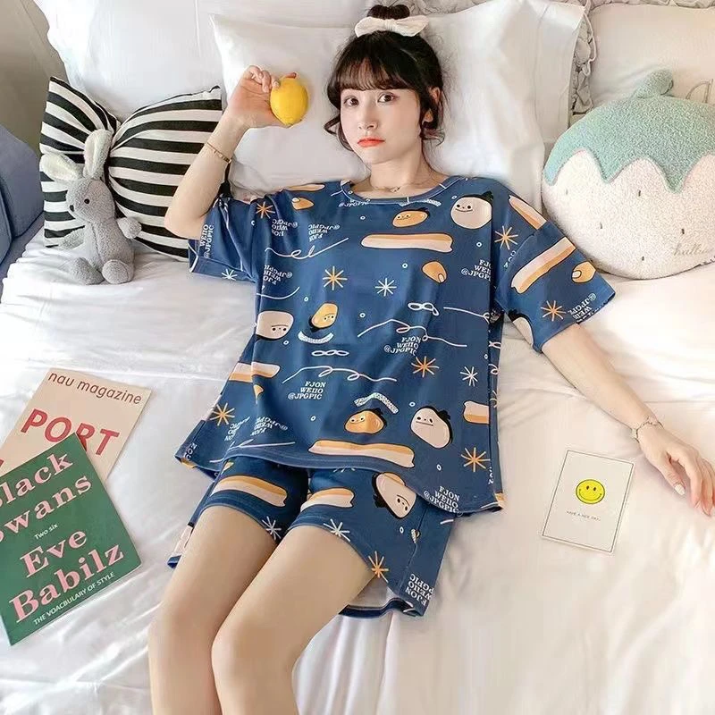 夏季薄款短袖卡通少女宽松睡衣女士外穿家居服